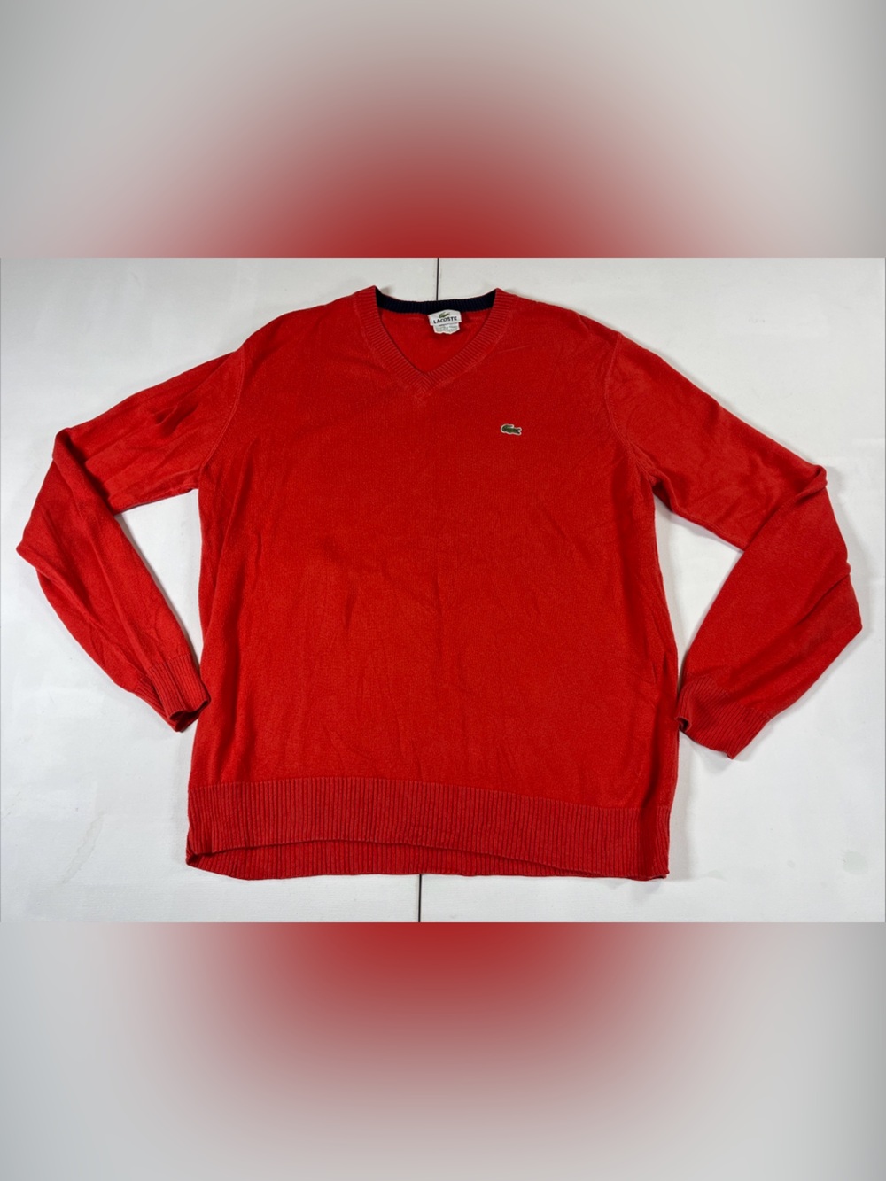 Lacoste V-Neck Sweater 100% Cotton Regular Fit Pullover Red Crocodile Mens 5 L